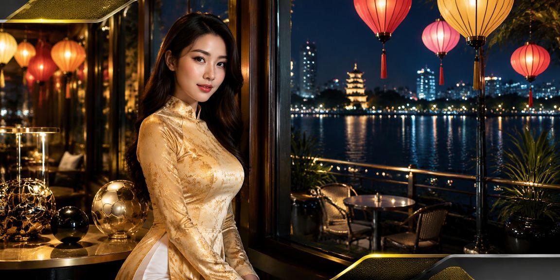 Phụ nữ mặc áo dài Hà Nội đang xem kết quả cá cược thể thao trên điện thoại